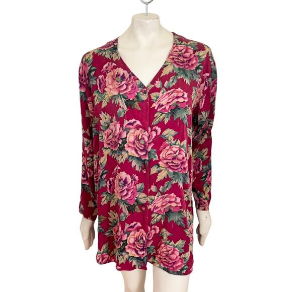 VTG VICTORIA'S SECRET Gold Label Pure Silk Floral Nightshirt Dress in Red SZ 10 - Picture 1 of 9